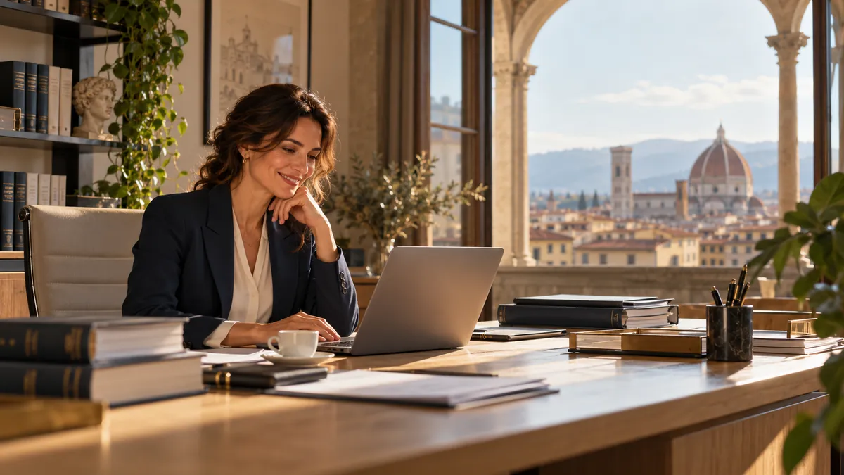 Una professionista sorride lavorando al portatile alla scrivania del suo studio, tra codici e fascicoli, con una finestra che si affaccia su Firenze